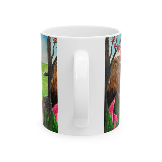 Highland Cows Ceramic Mug, Nature Lover Gift, Colorful Floral Design, Perfect for Coffee, Tea, Animal-Themed Decor,Great for Birthdays