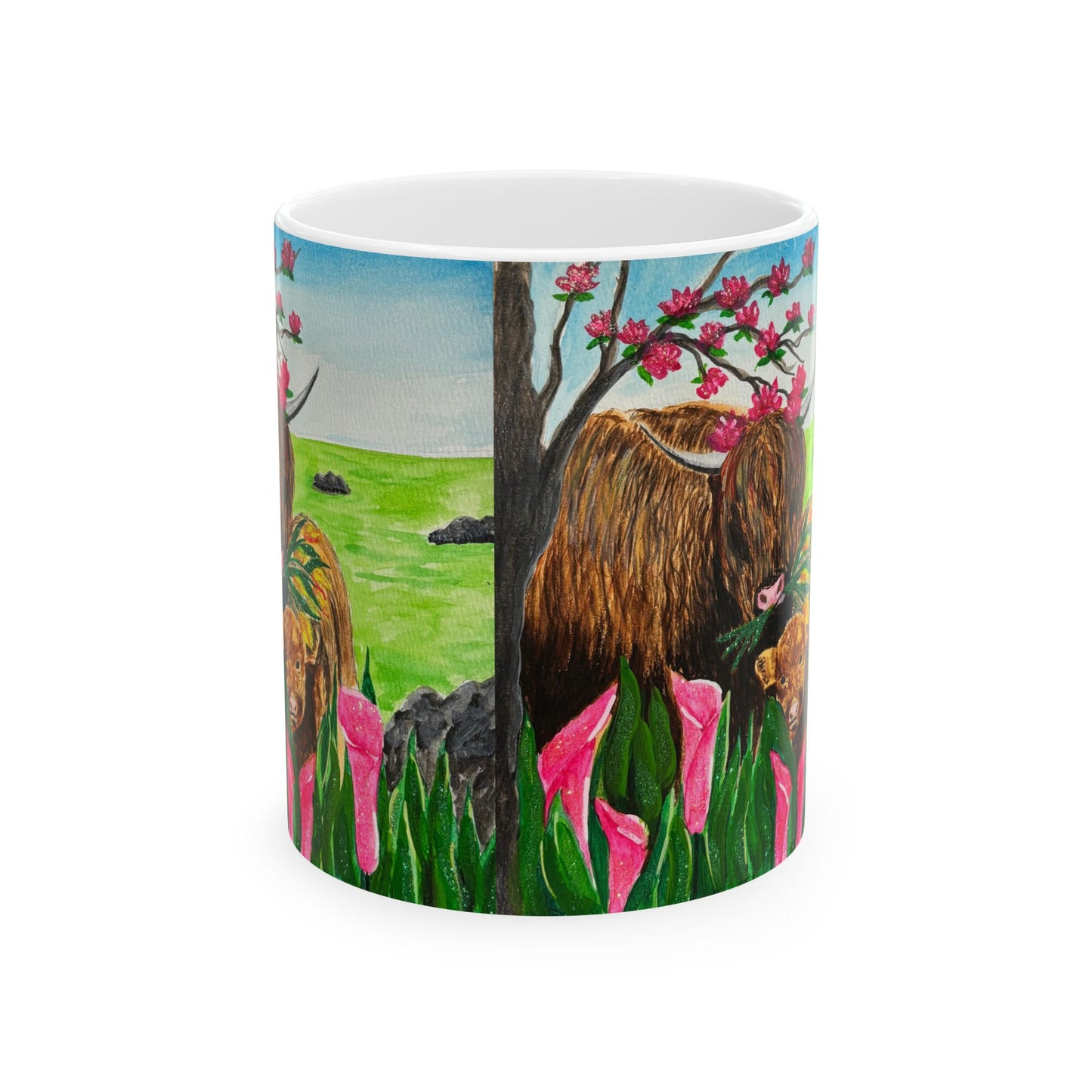 P-Highland Cows Ceramic Mug, Nature Lover Gift, Colorful Floral Design, Perfect for Coffee, Tea, Animal-Themed Decor,Great for Birthdays