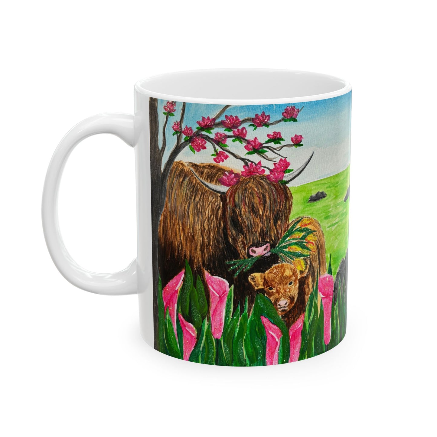 P-Highland Cows Ceramic Mug, Nature Lover Gift, Colorful Floral Design, Perfect for Coffee, Tea, Animal-Themed Decor,Great for Birthdays