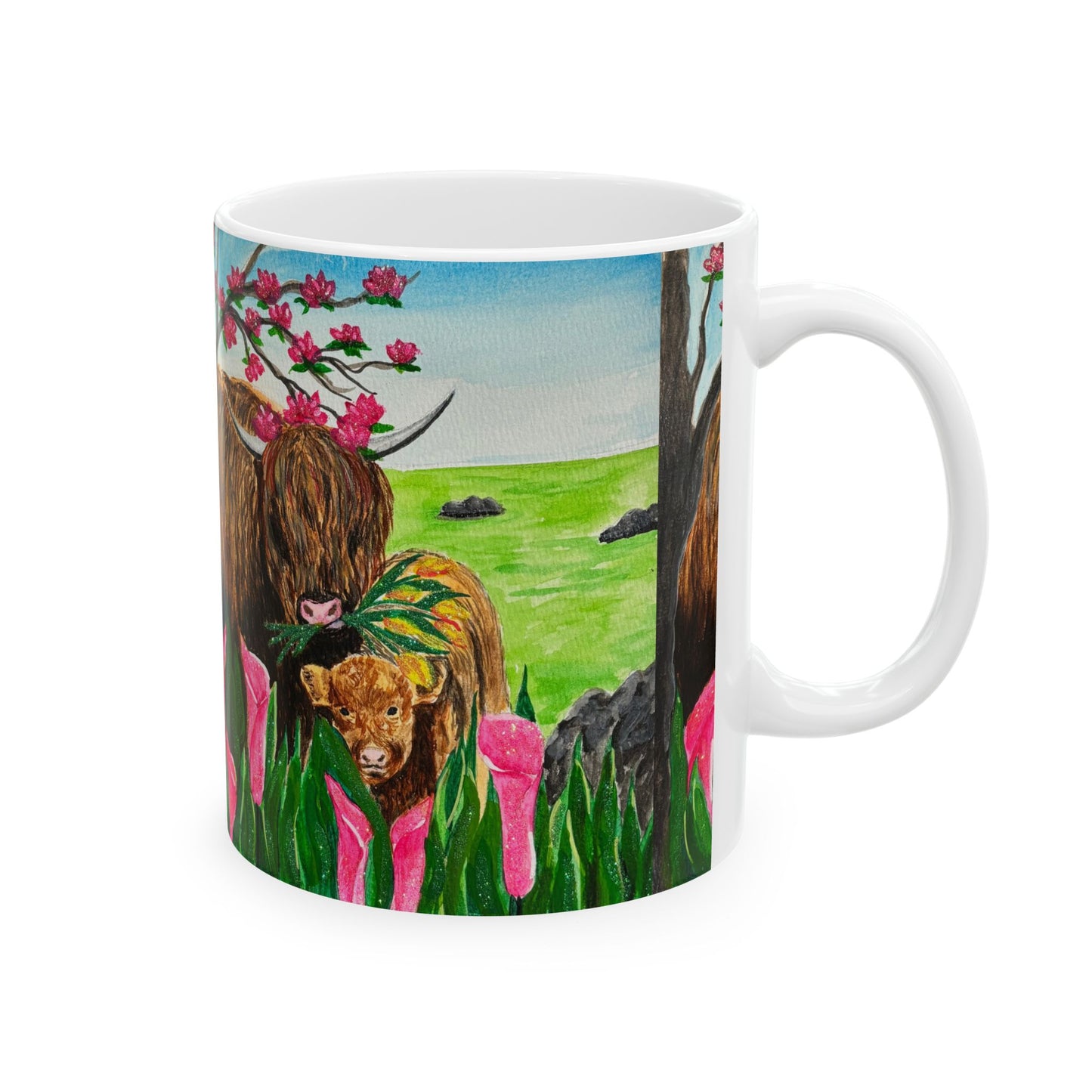 P-Highland Cows Ceramic Mug, Nature Lover Gift, Colorful Floral Design, Perfect for Coffee, Tea, Animal-Themed Decor,Great for Birthdays