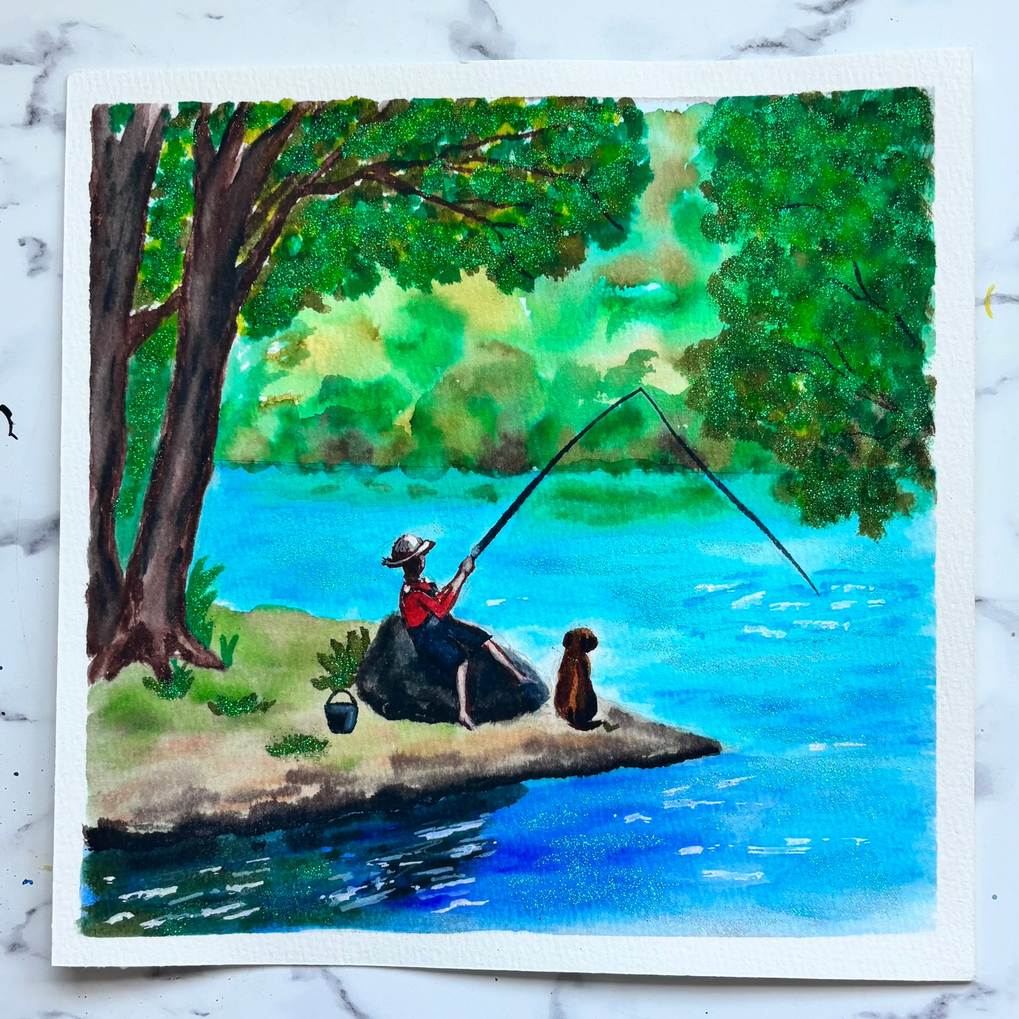 Boy and best friend fishing